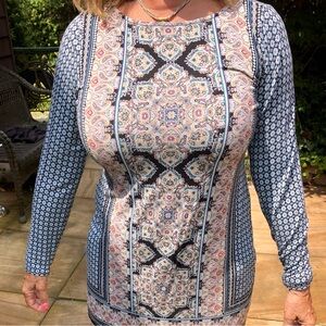 J. Jill Damask Tunic Blouse Womens Size Pet-Med Paisley Floral Print Long Sleeve